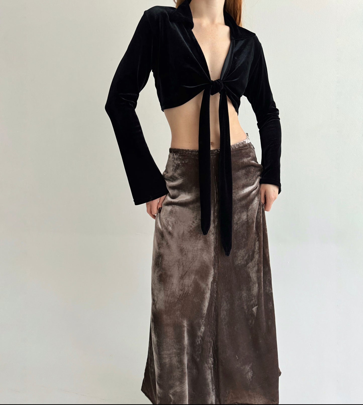Vintage velour 82% viscose 18% silk taupe maxi skirt