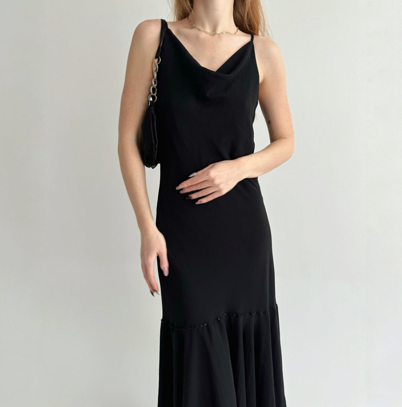 Vintage black maxi dress with asymmetrical bottom