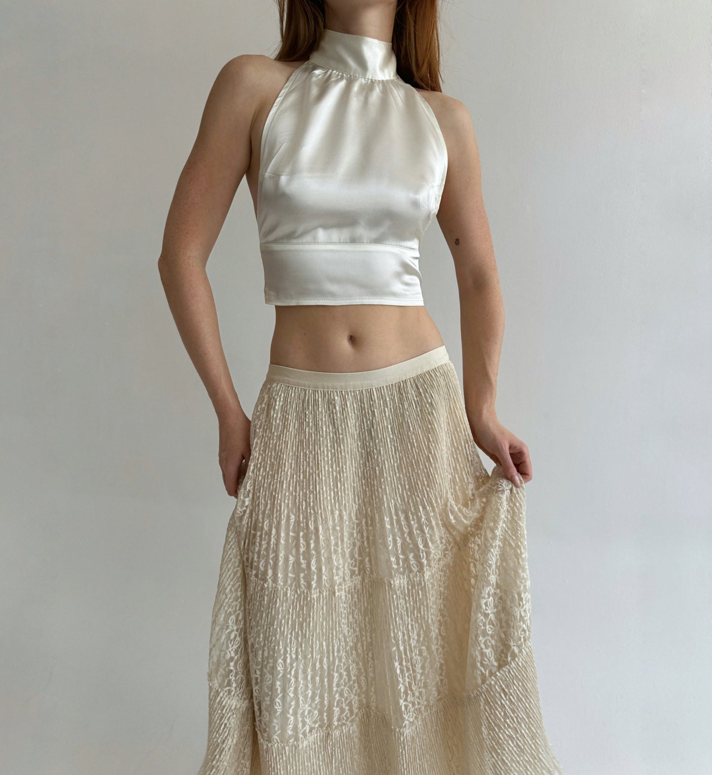 Vintage lace ruched maxi skirt