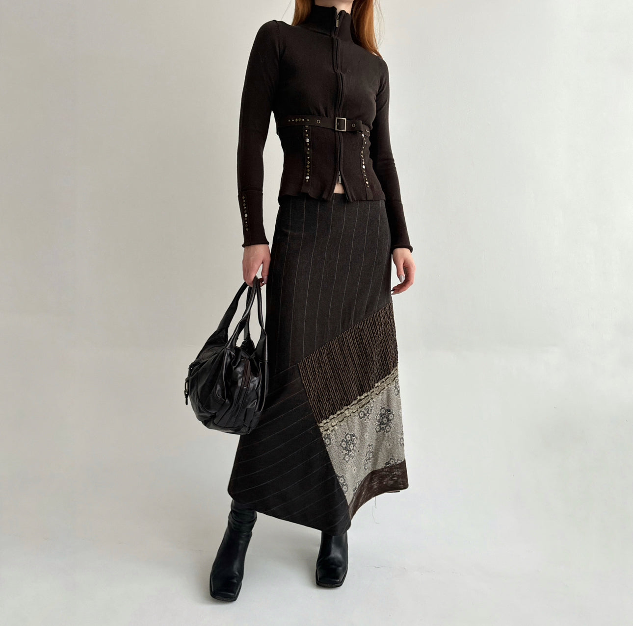 Vintage 64% viscose 25% wool brown striped maxi skirt