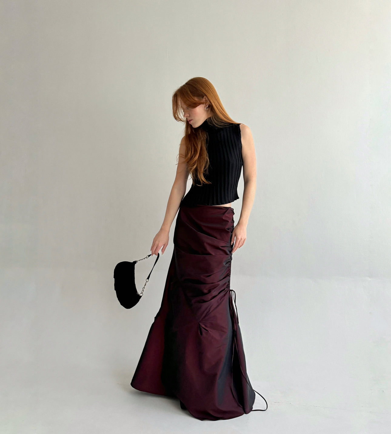 Vintage gothic burgundy maxi skirt with side gathering