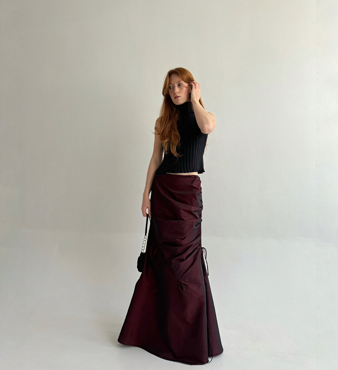 Vintage gothic burgundy maxi skirt with side gathering