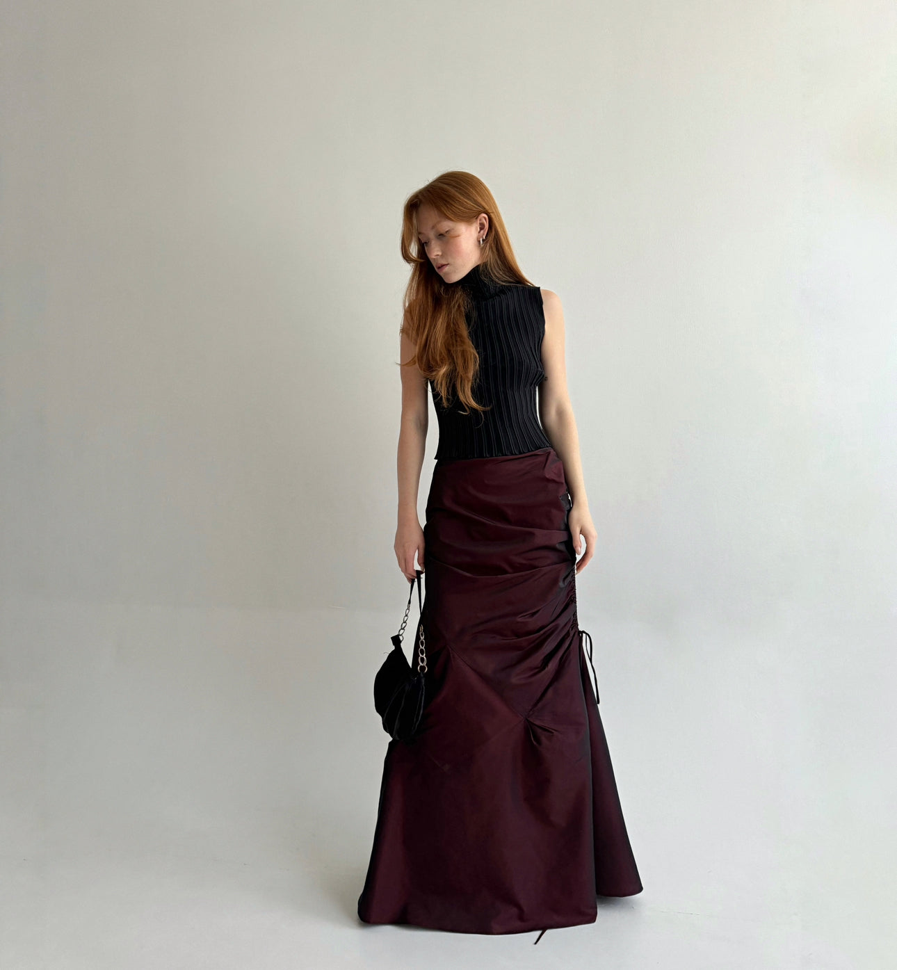 Vintage gothic burgundy maxi skirt with side gathering