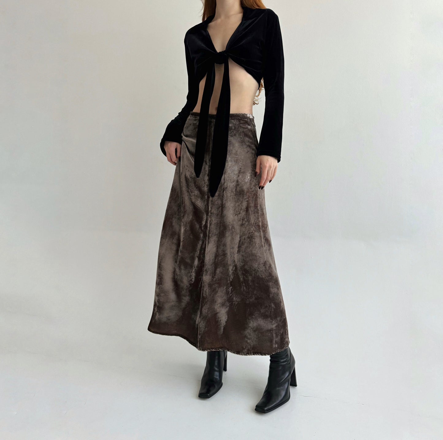 Vintage velour 82% viscose 18% silk taupe maxi skirt