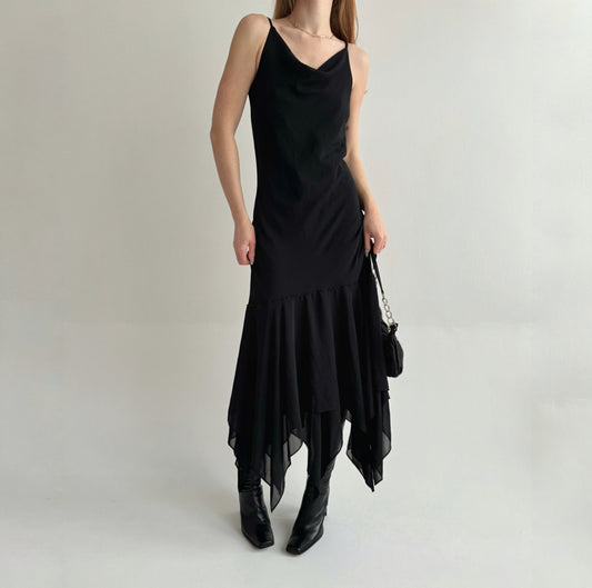 Vintage black maxi dress with asymmetrical bottom