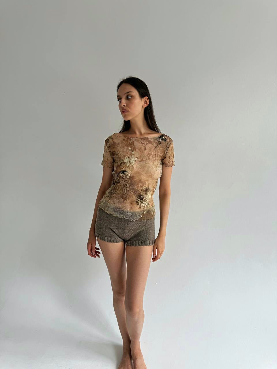 Vintage mesh flower pattern tan blouse