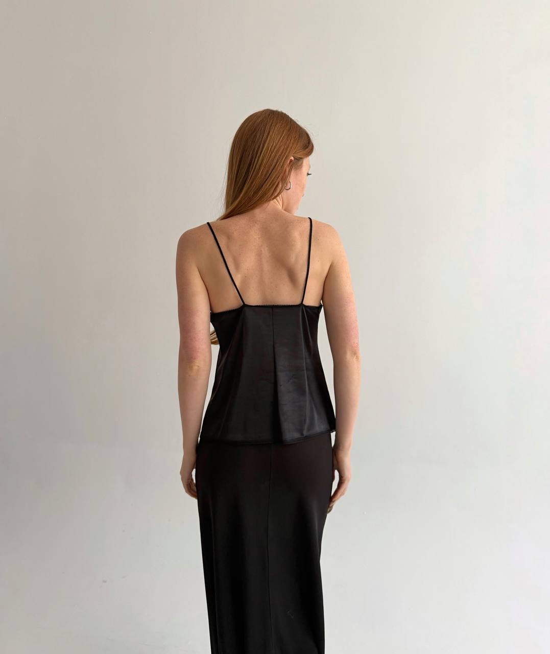 Vintage black satin camisole top with lace