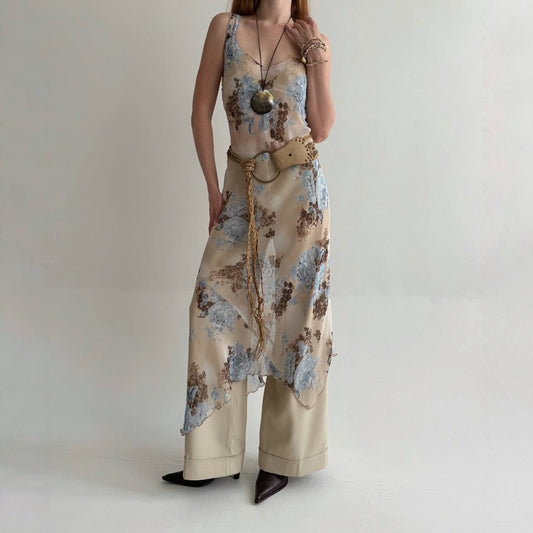 Vintage asymmetrical flower print maxi dress