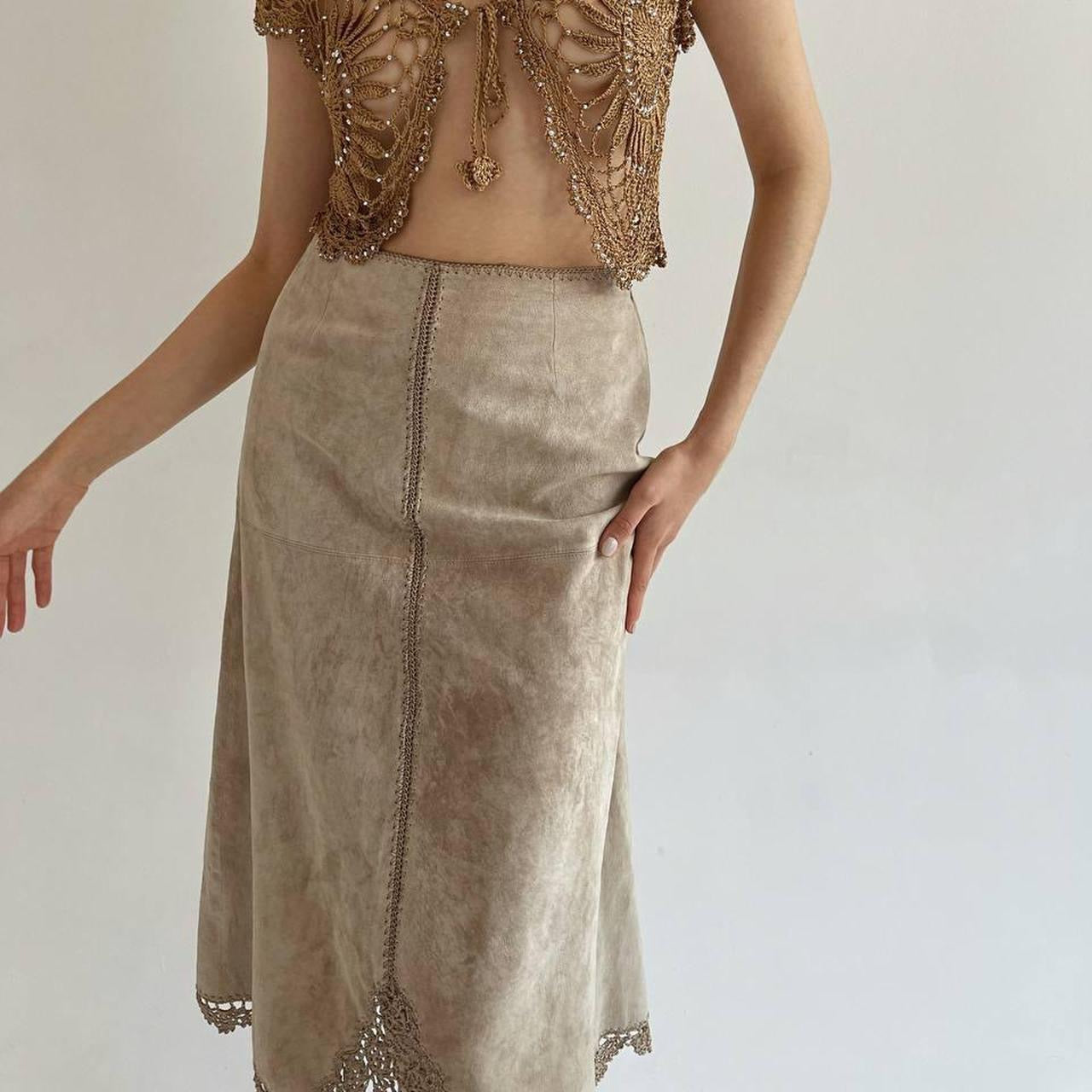 Vintage leather beige midi skirt with crochet detail