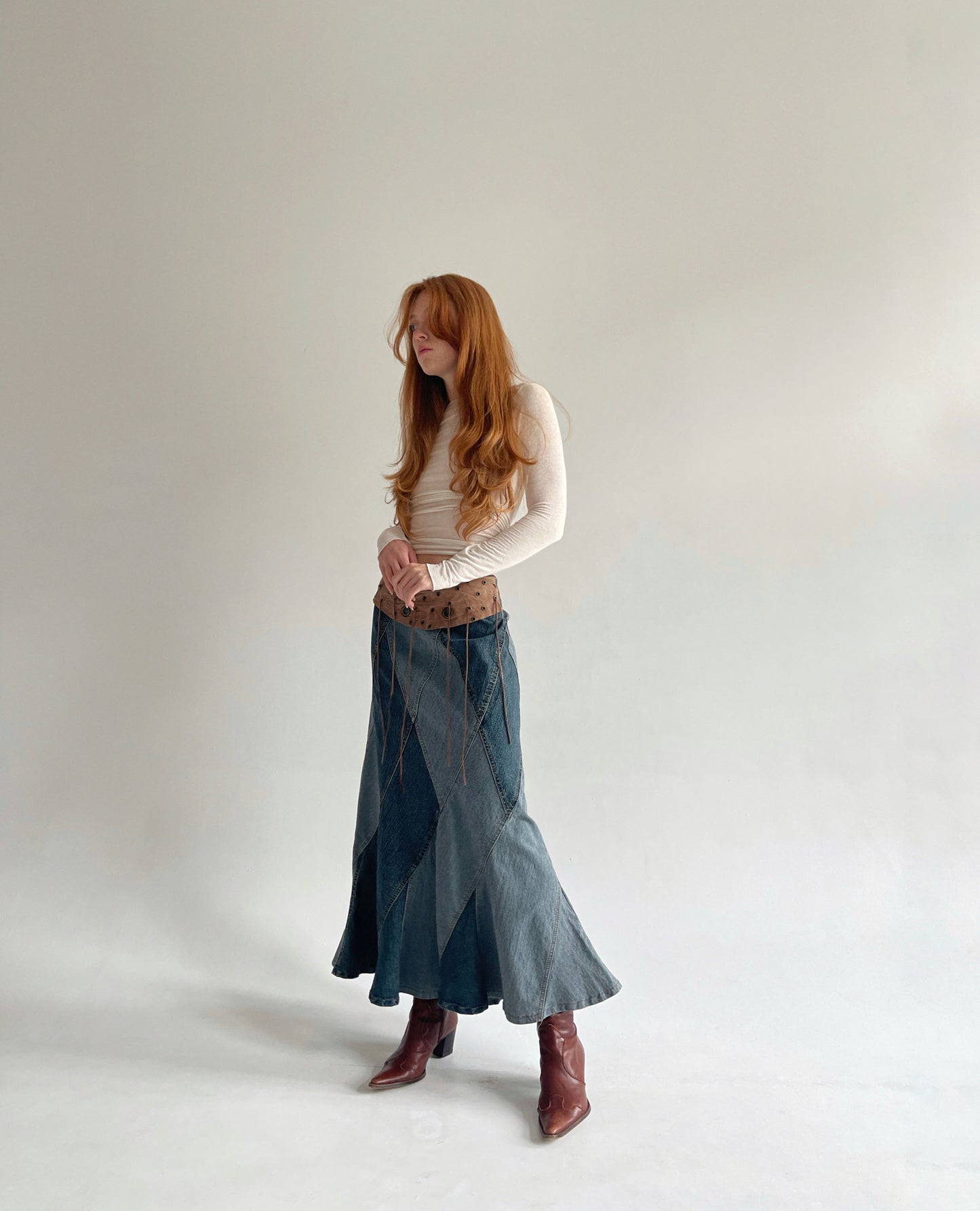 Vintage denim maxi skirt with leather waist part