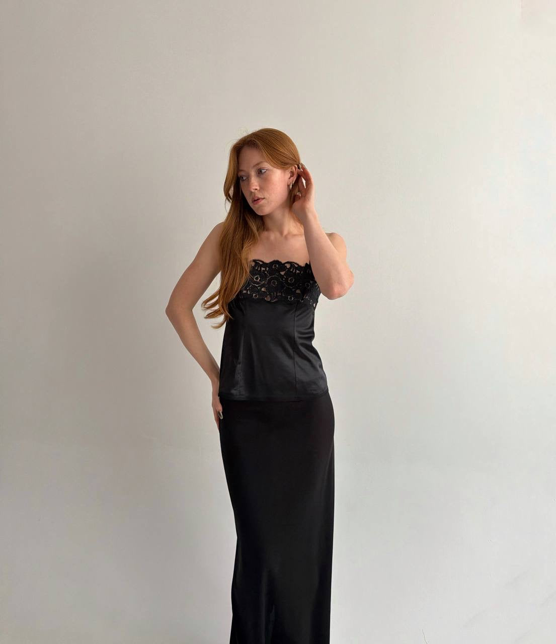 Vintage black satin camisole top with lace