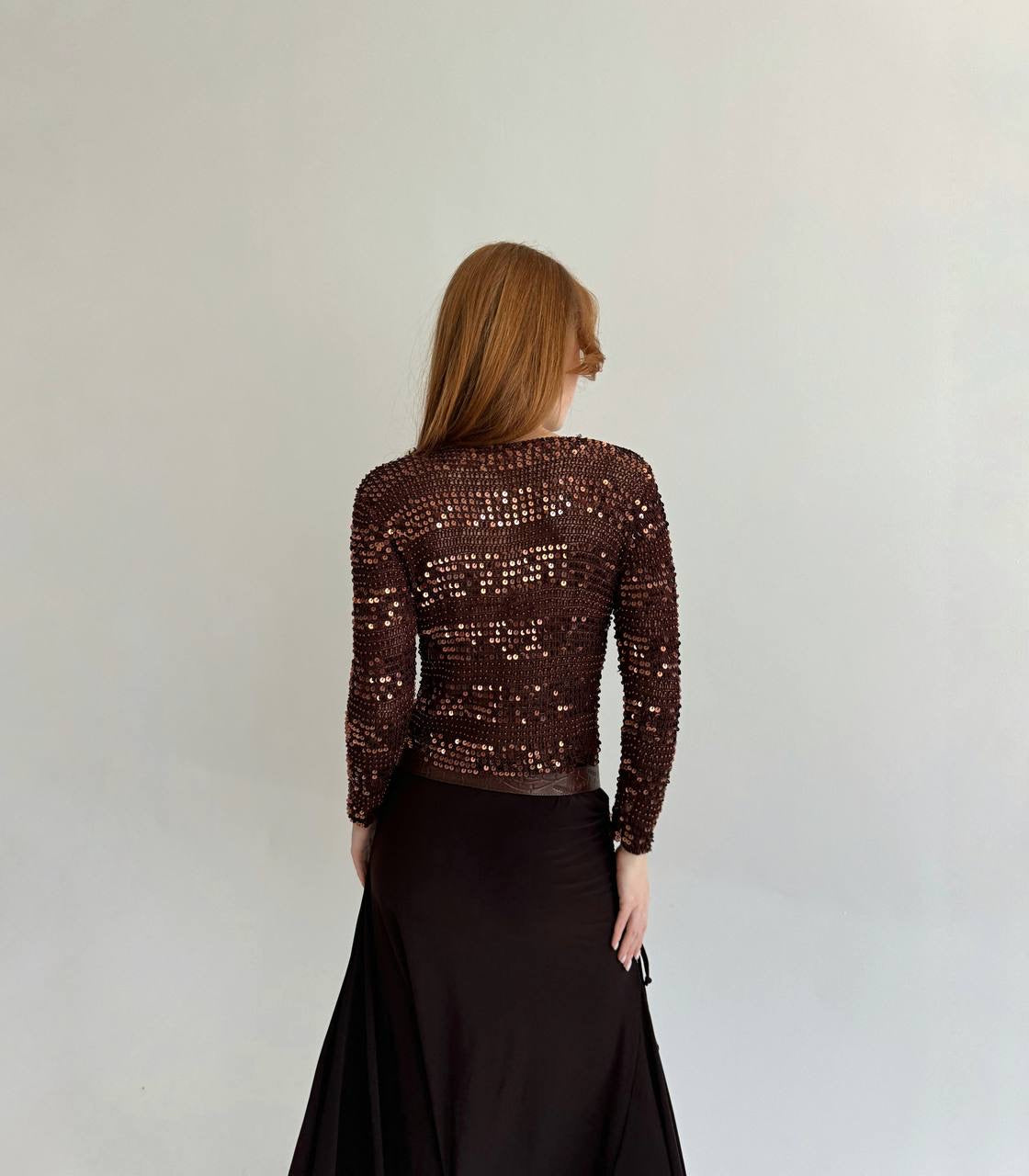 Vintage brown crochet sequin blouse