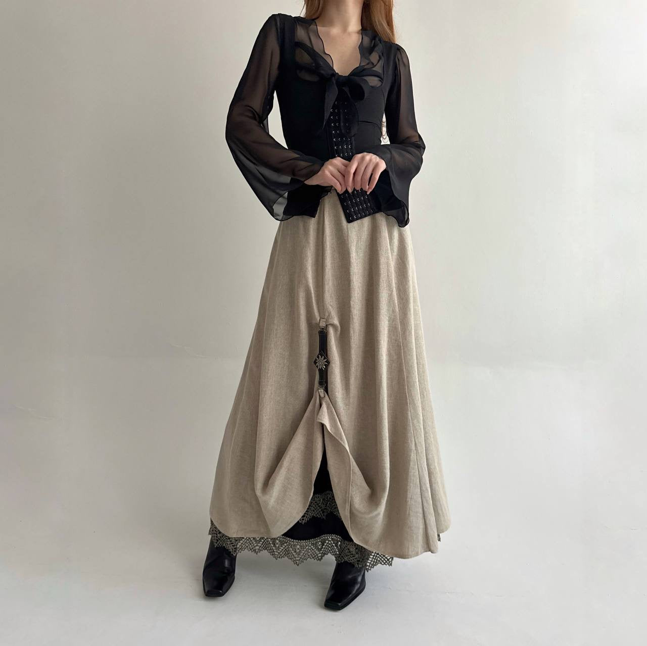 Vintage bavarian 100% linen beige long skirt