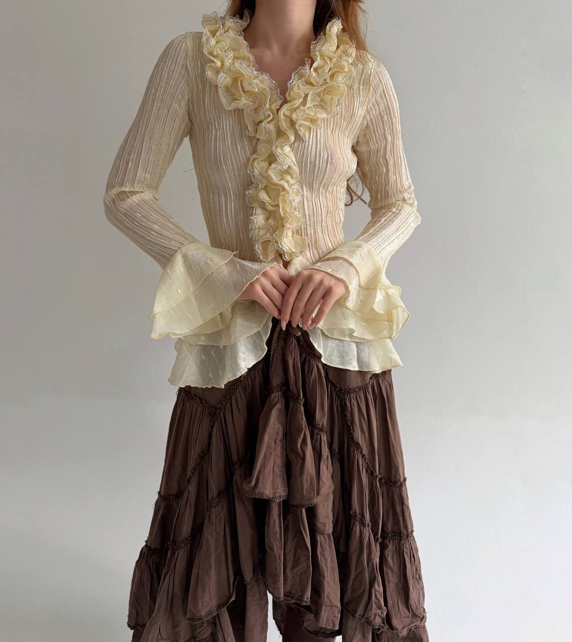 Vintage 65% silk pleated blouse with ruffles