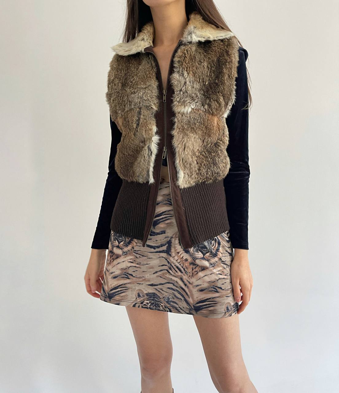 Vintage rabbit fur brown vest with knitted details