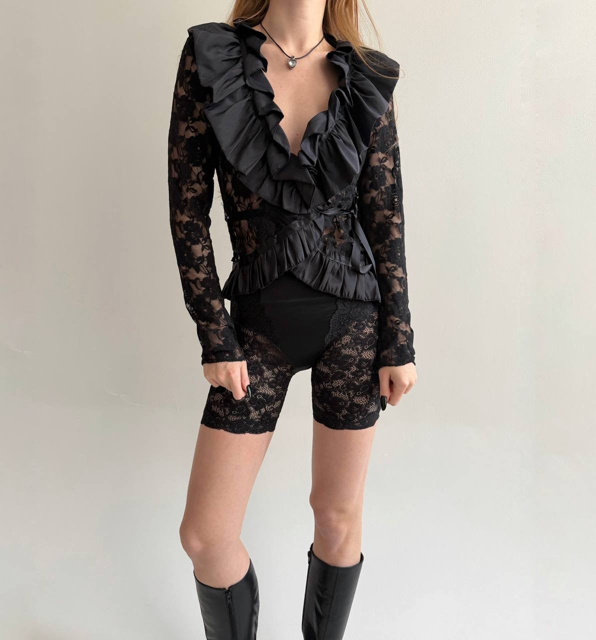 Vintage black lace blouse with ruched ruffles