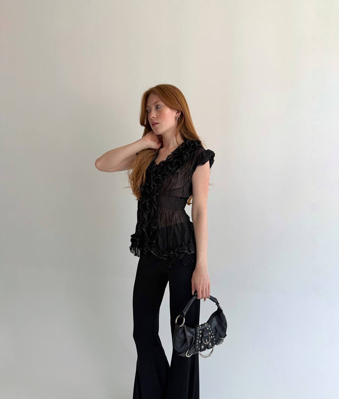 Vintage black ruffled blouse
