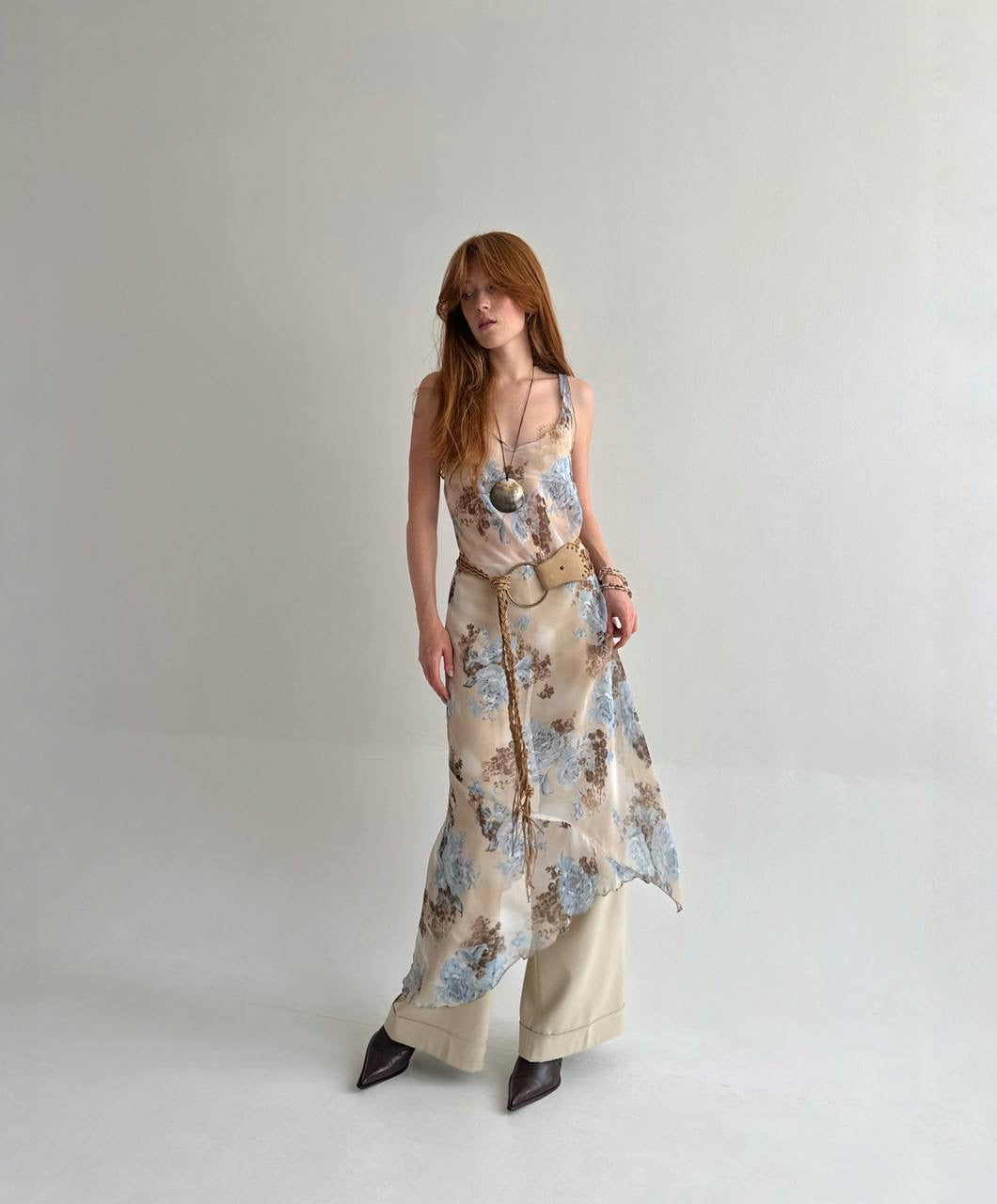 Vintage asymmetrical flower print maxi dress