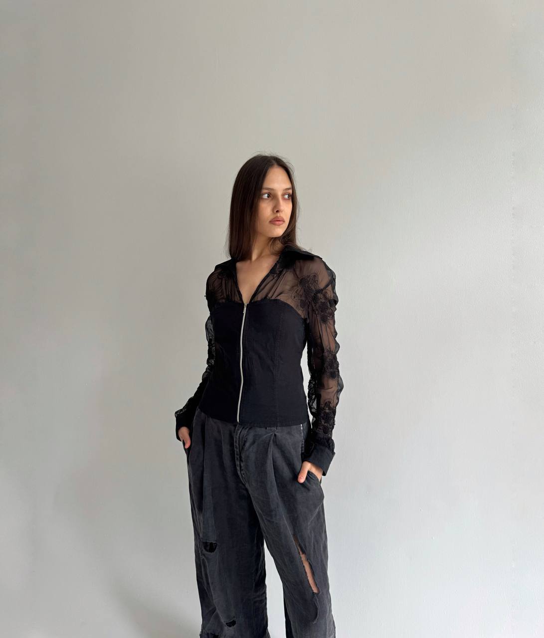 Vintage zip blouse with sheer detail