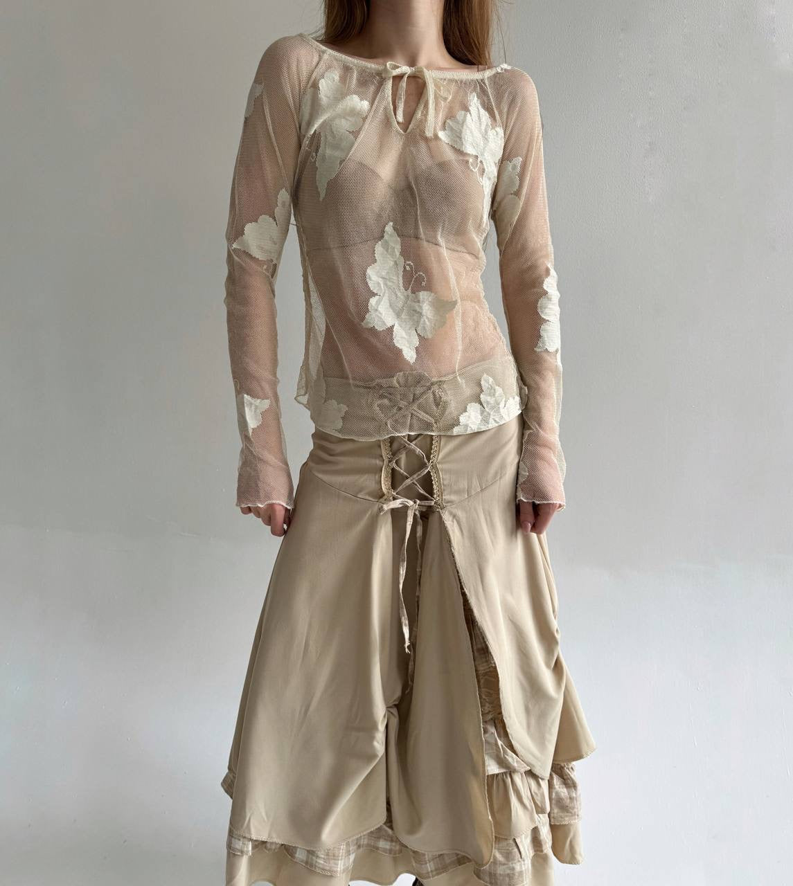 Vintage cream mesh transparent blouse with butterflies