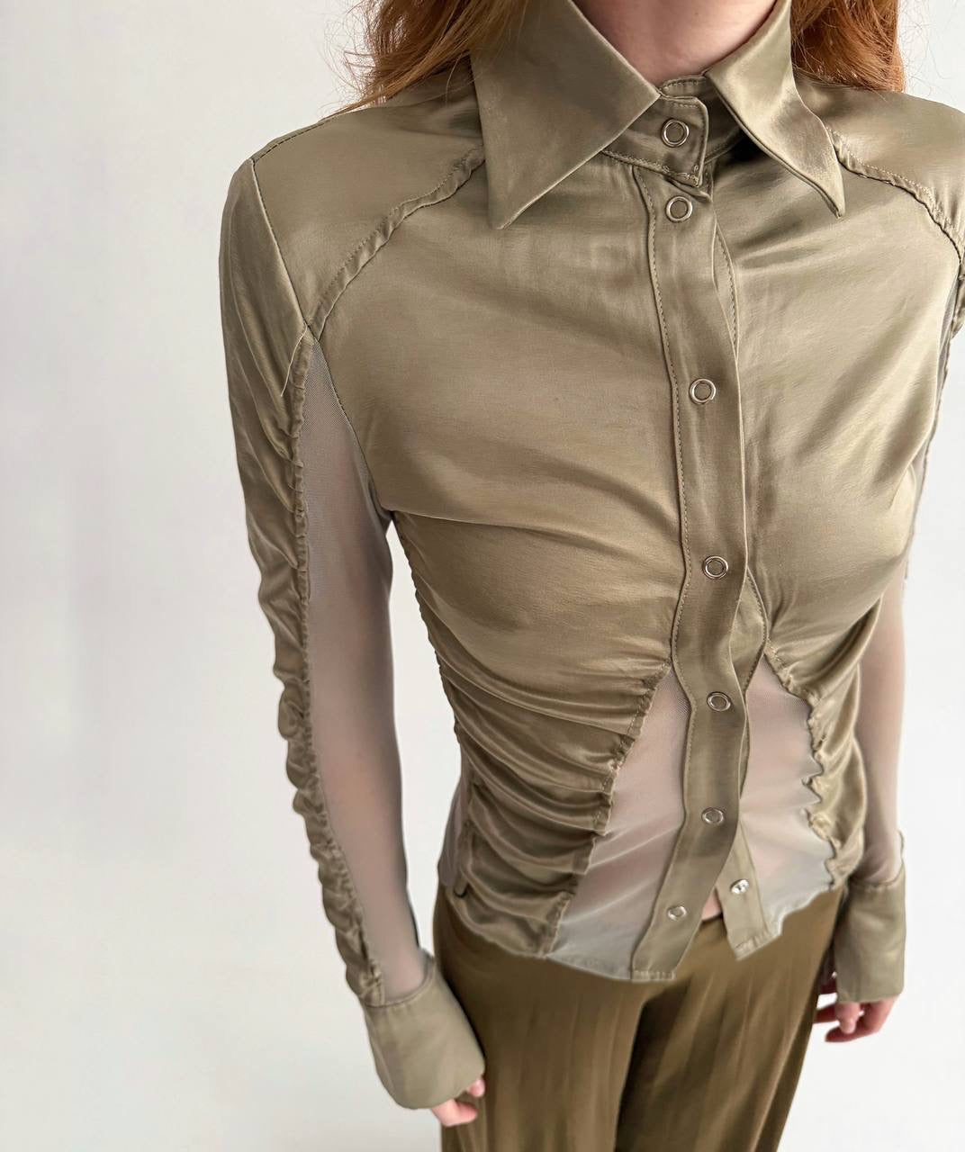 Vintage viscose olive green satin button-up blouse