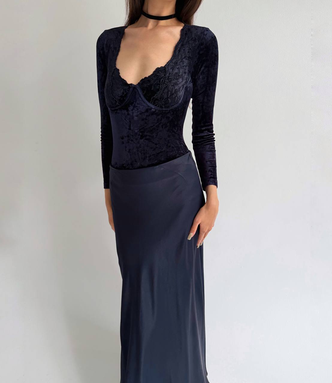 Vintage French blue velvet bodysuit