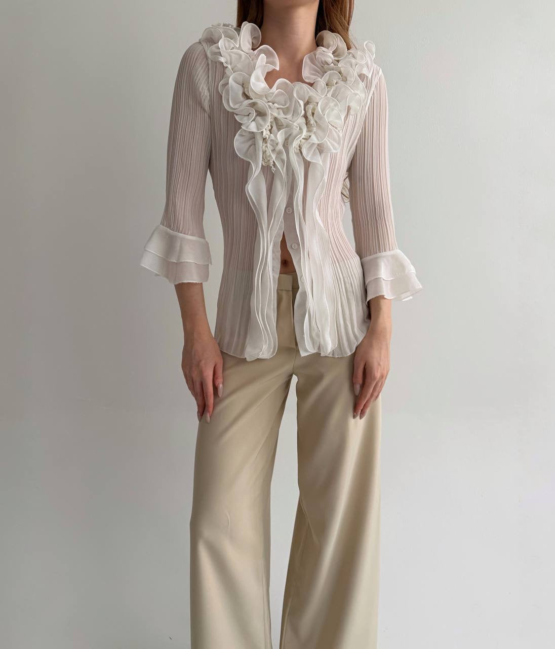 Vintage white pleated blouse with ruffles