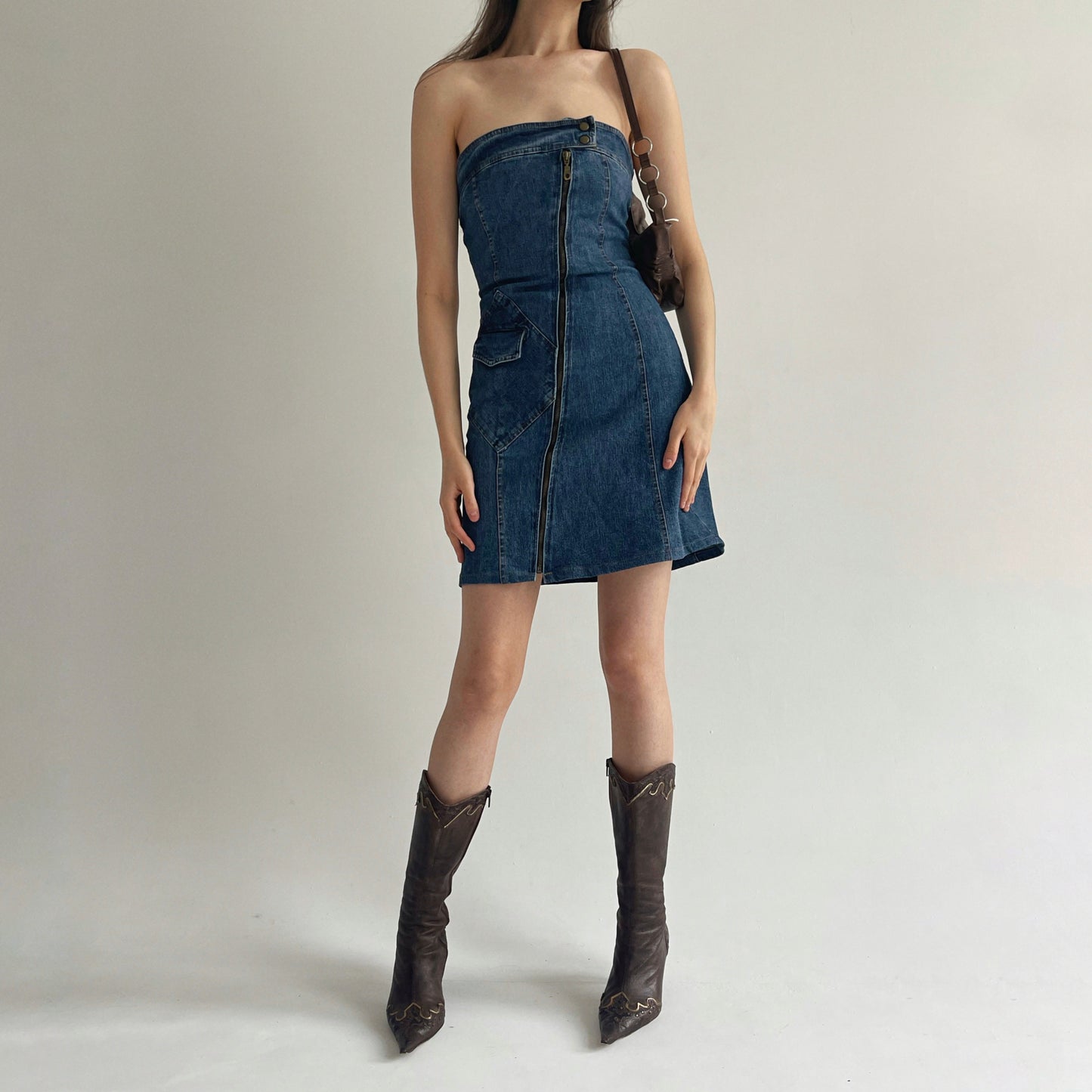 Y2K denim mini strapless dress