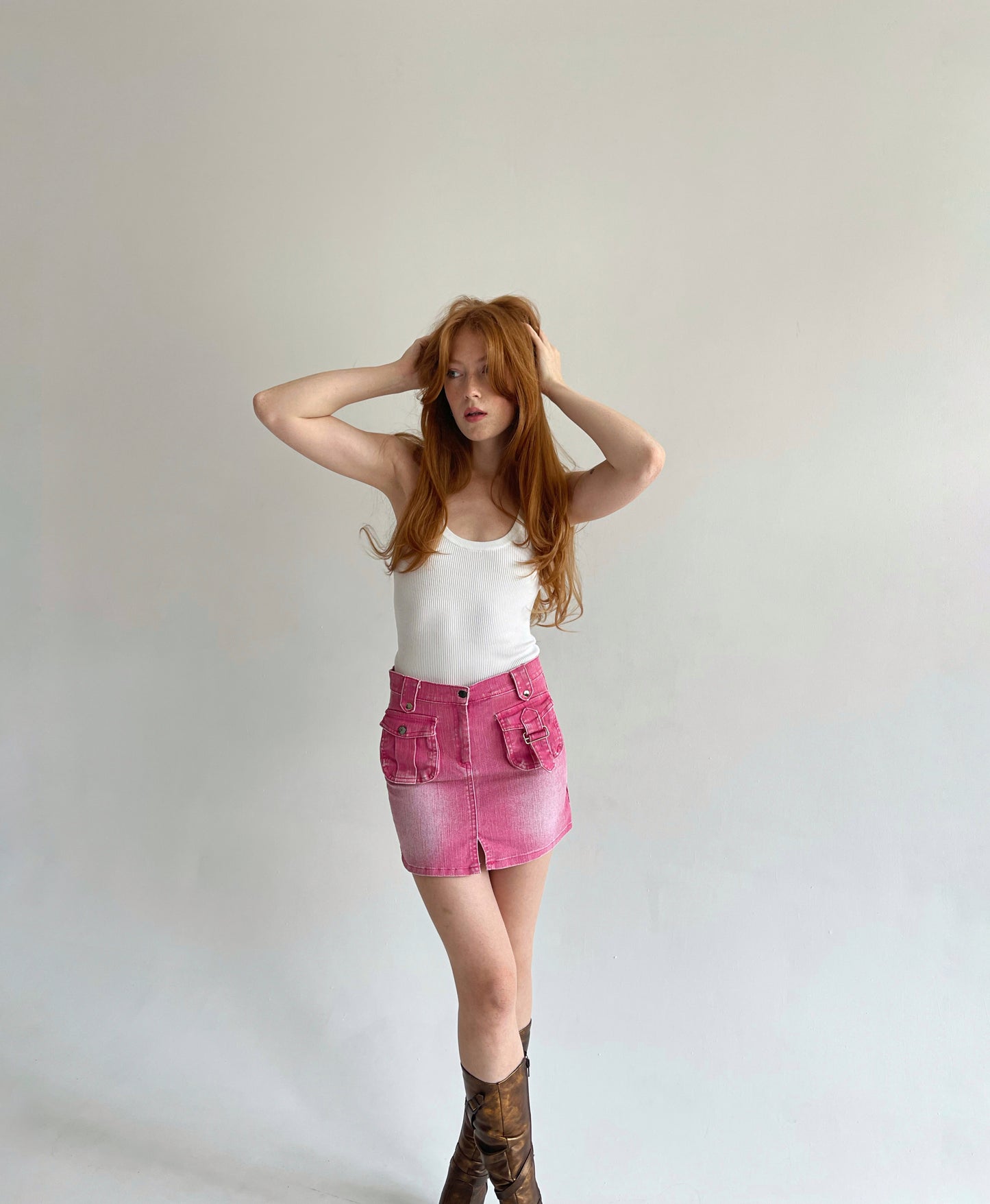 Vintage washed pink denim mini skirt