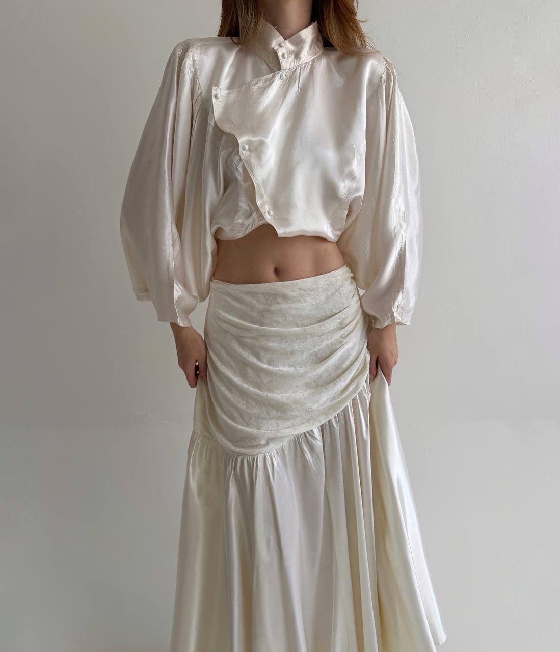 Vintage cream white maxi skirt with lace and eyelet fabric