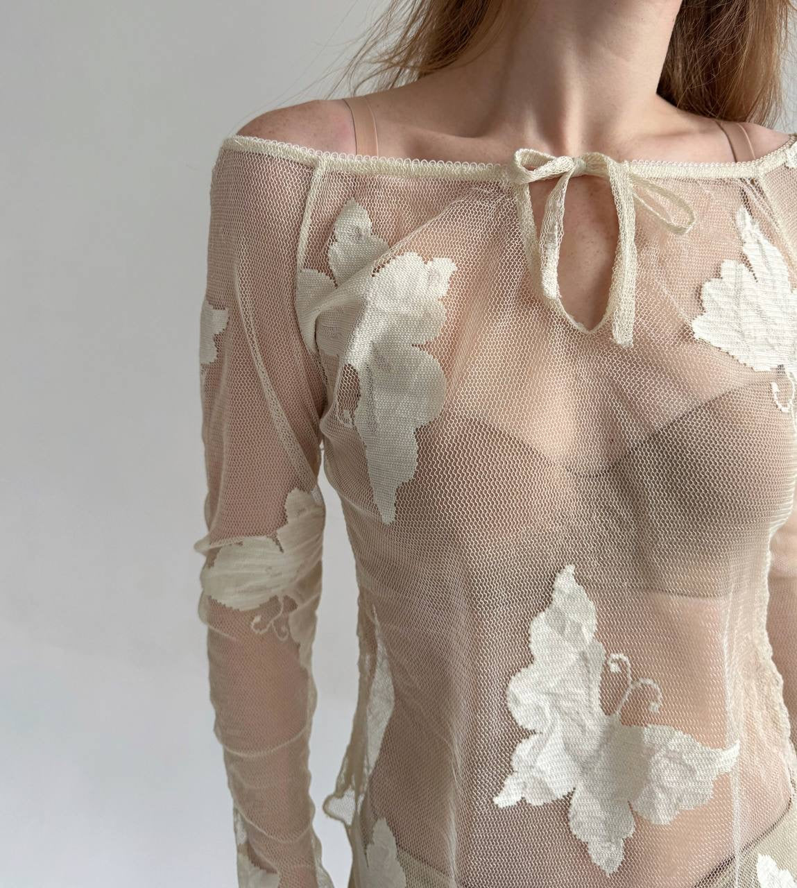 Vintage cream mesh transparent blouse with butterflies