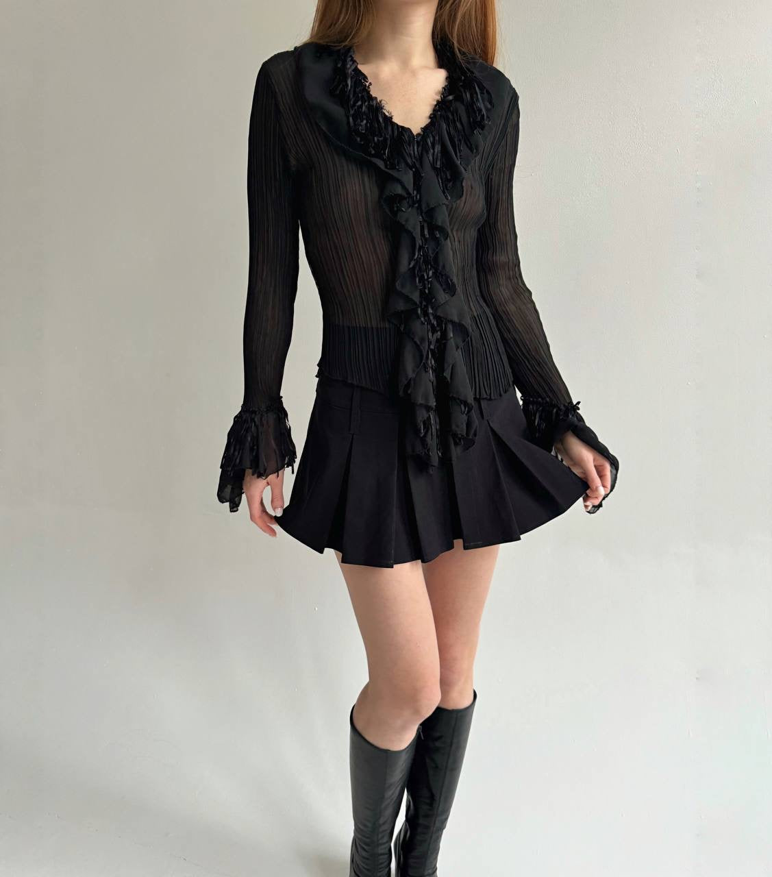 Vintage black transparent pleated blouse
