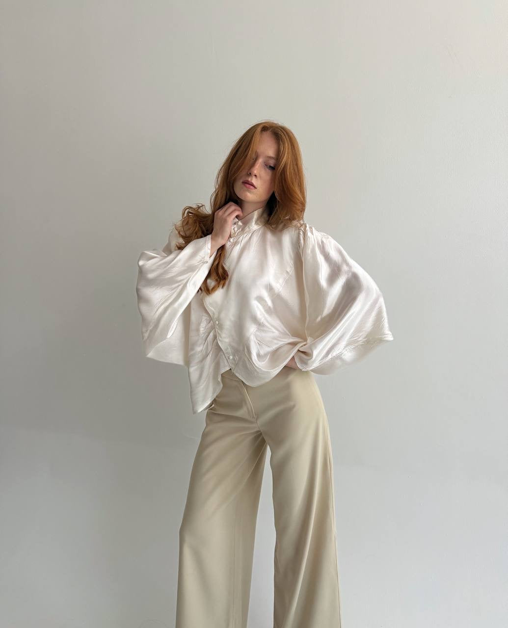 Vintage viscose cream satin asymmetrical blouse