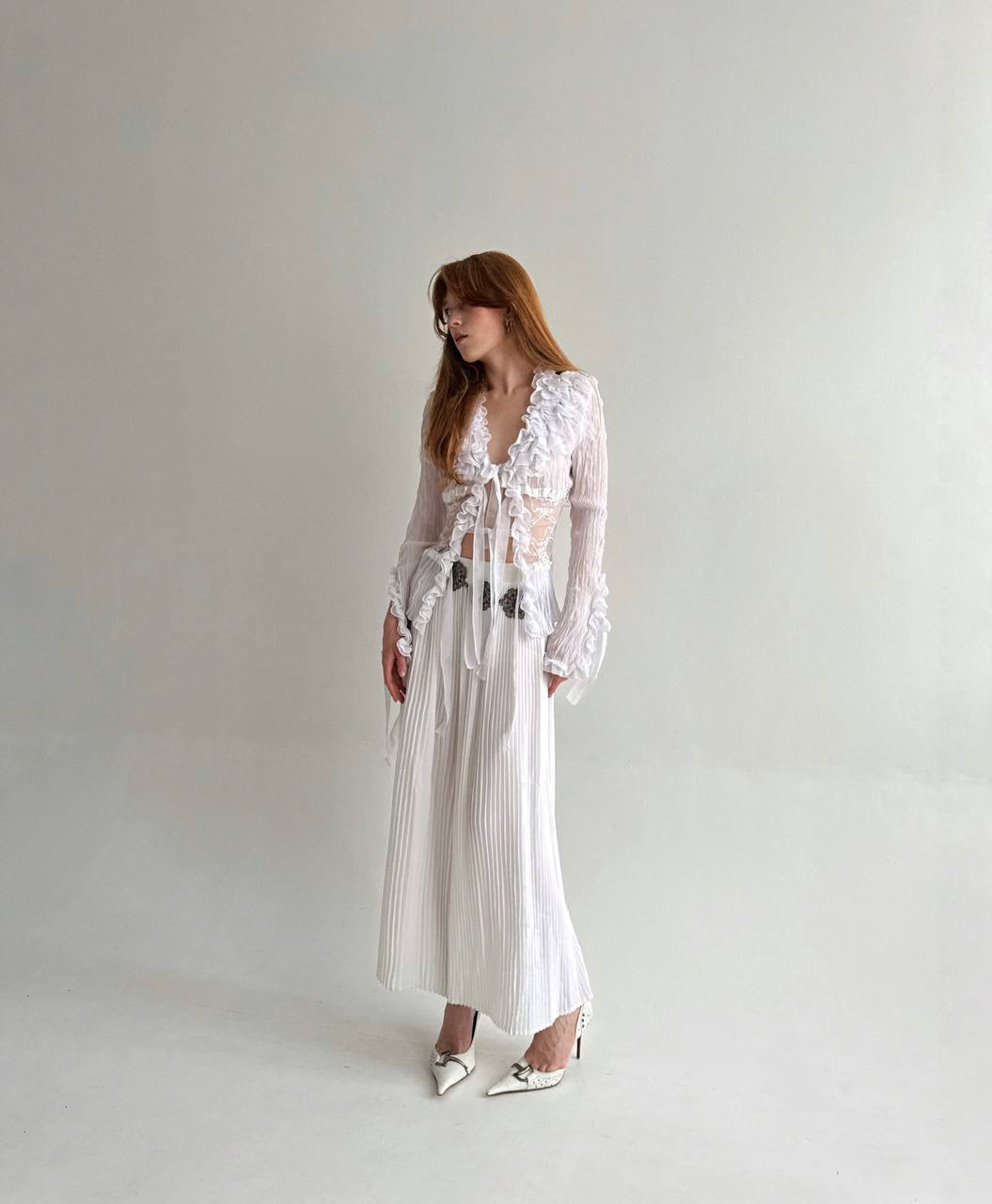 Vintage pleated white long wide pants