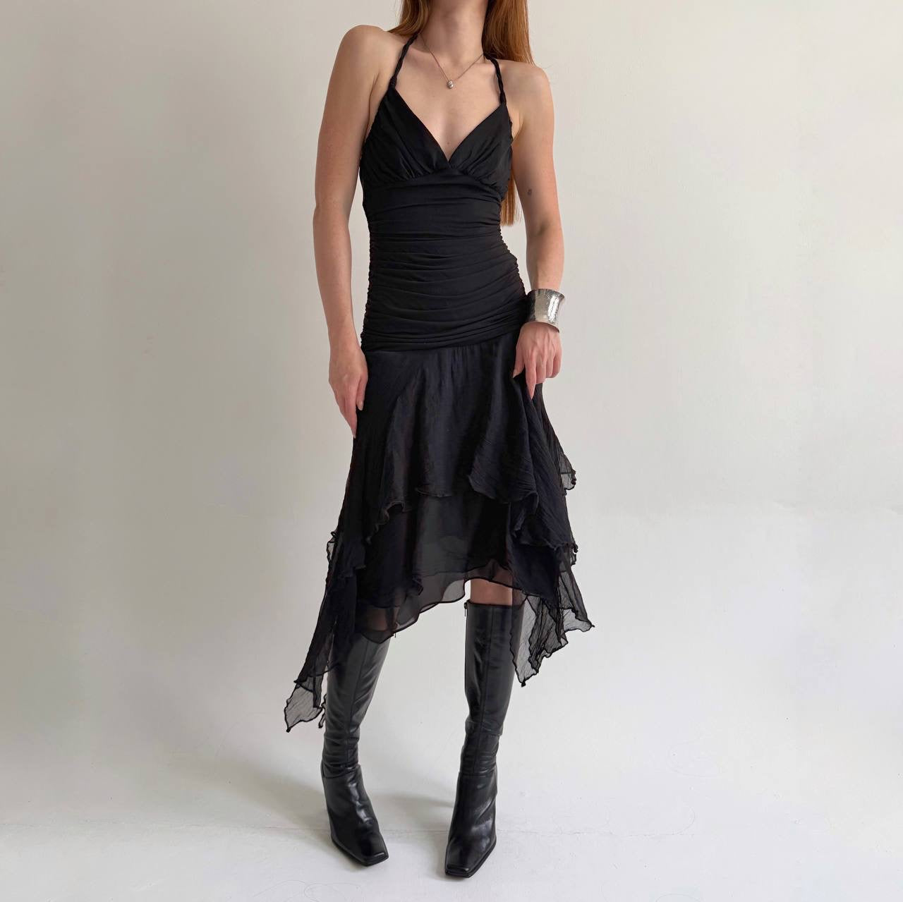Y2K pure silk bottom black asymmetrical dress