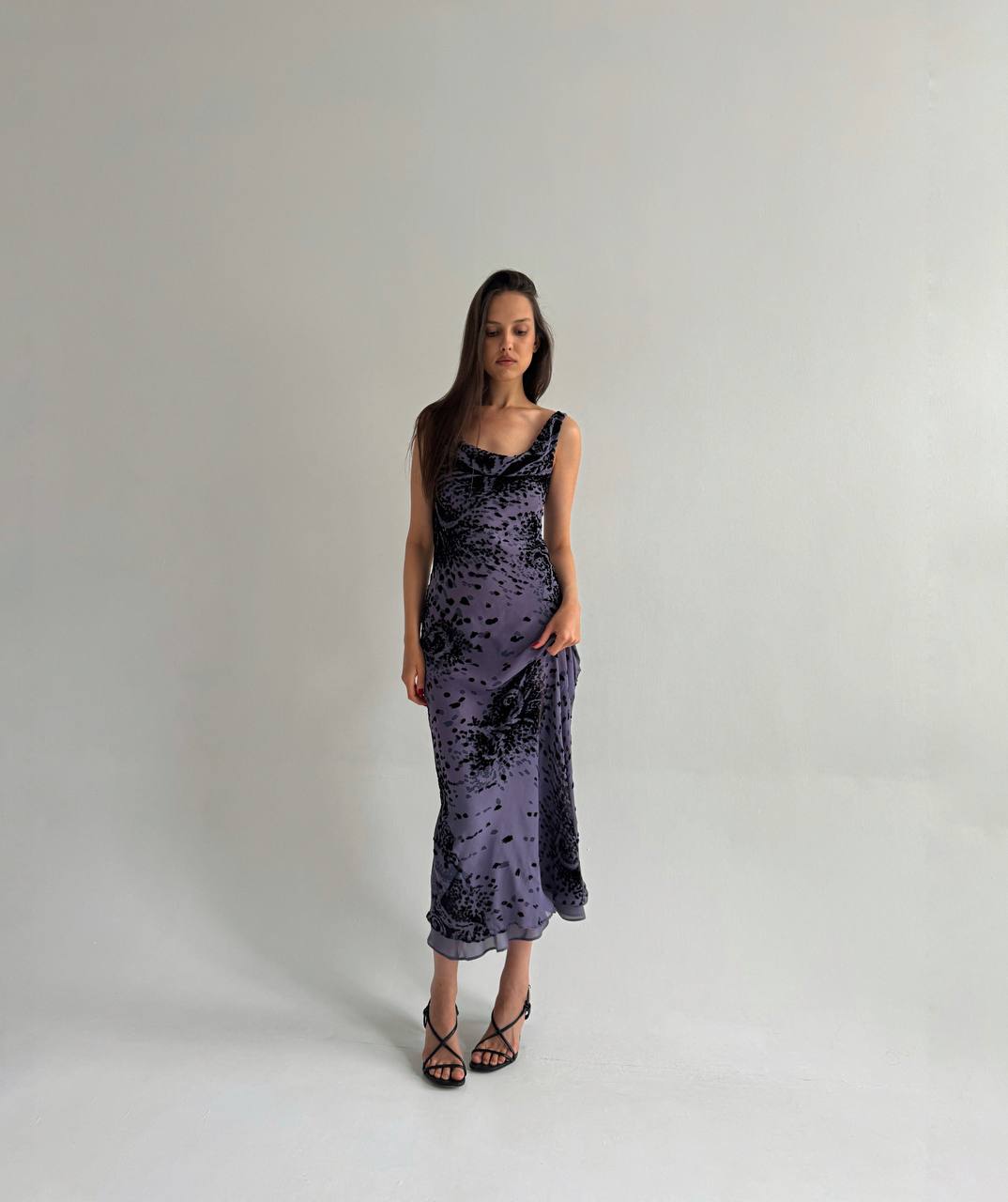Vintage pure silk purple velvet print dress