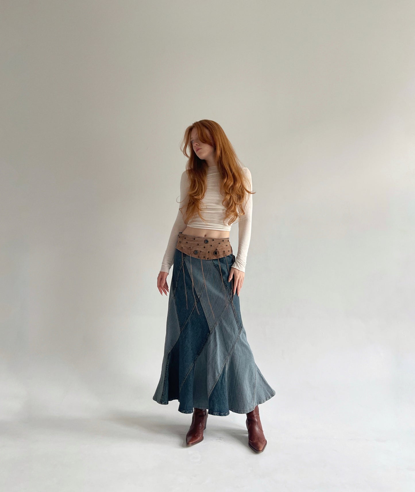 Vintage denim maxi skirt with leather waist part