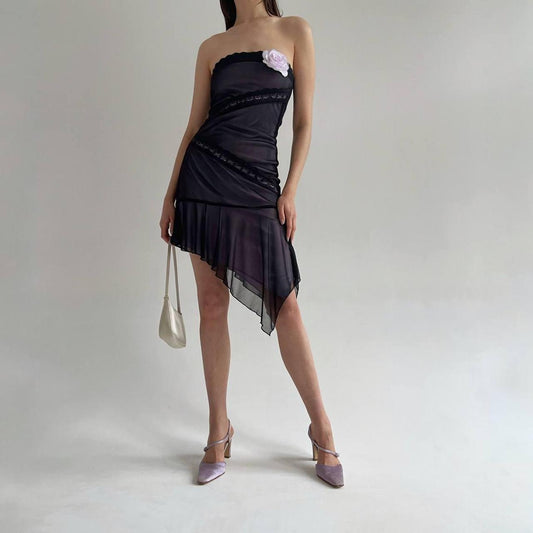 Vintage asymmetrical mesh shell dress with flower appliqué