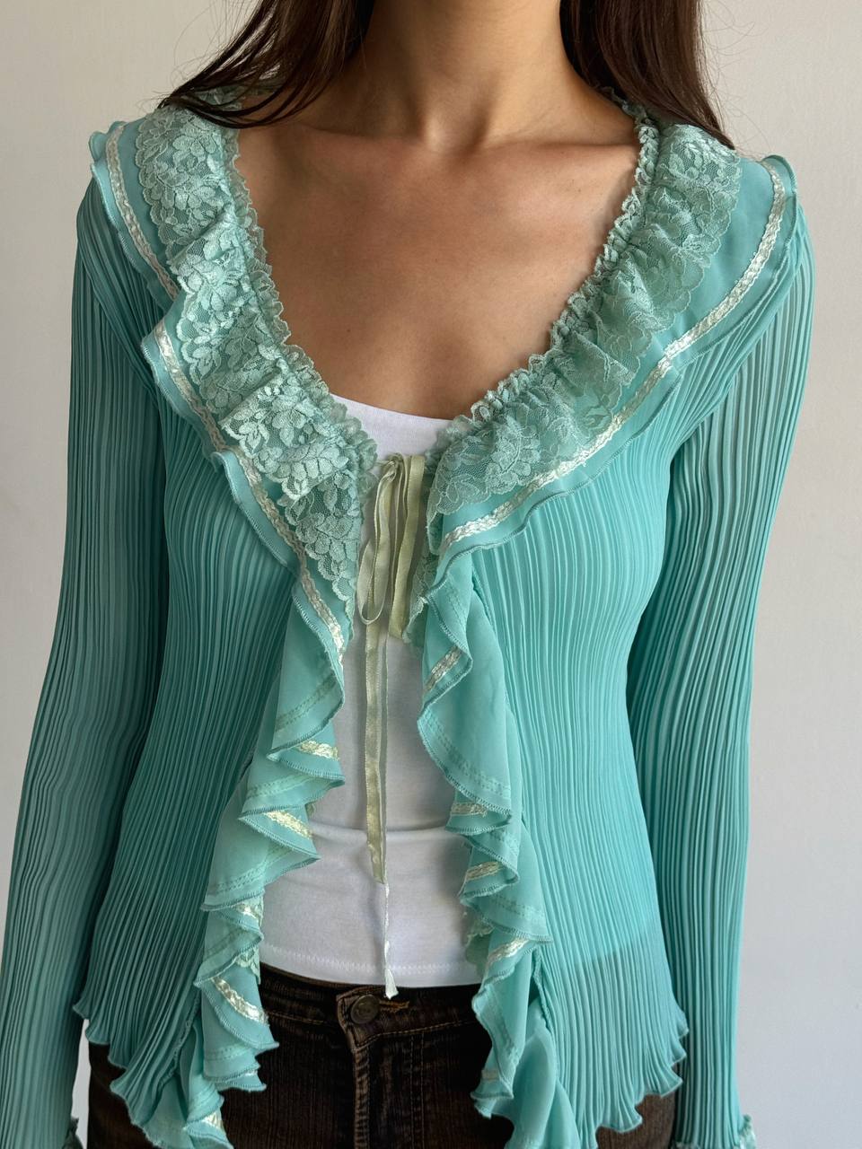 Vintage turquoise pleated lace ruffled blouse