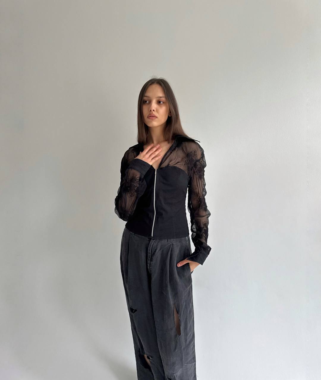 Vintage zip blouse with sheer detail