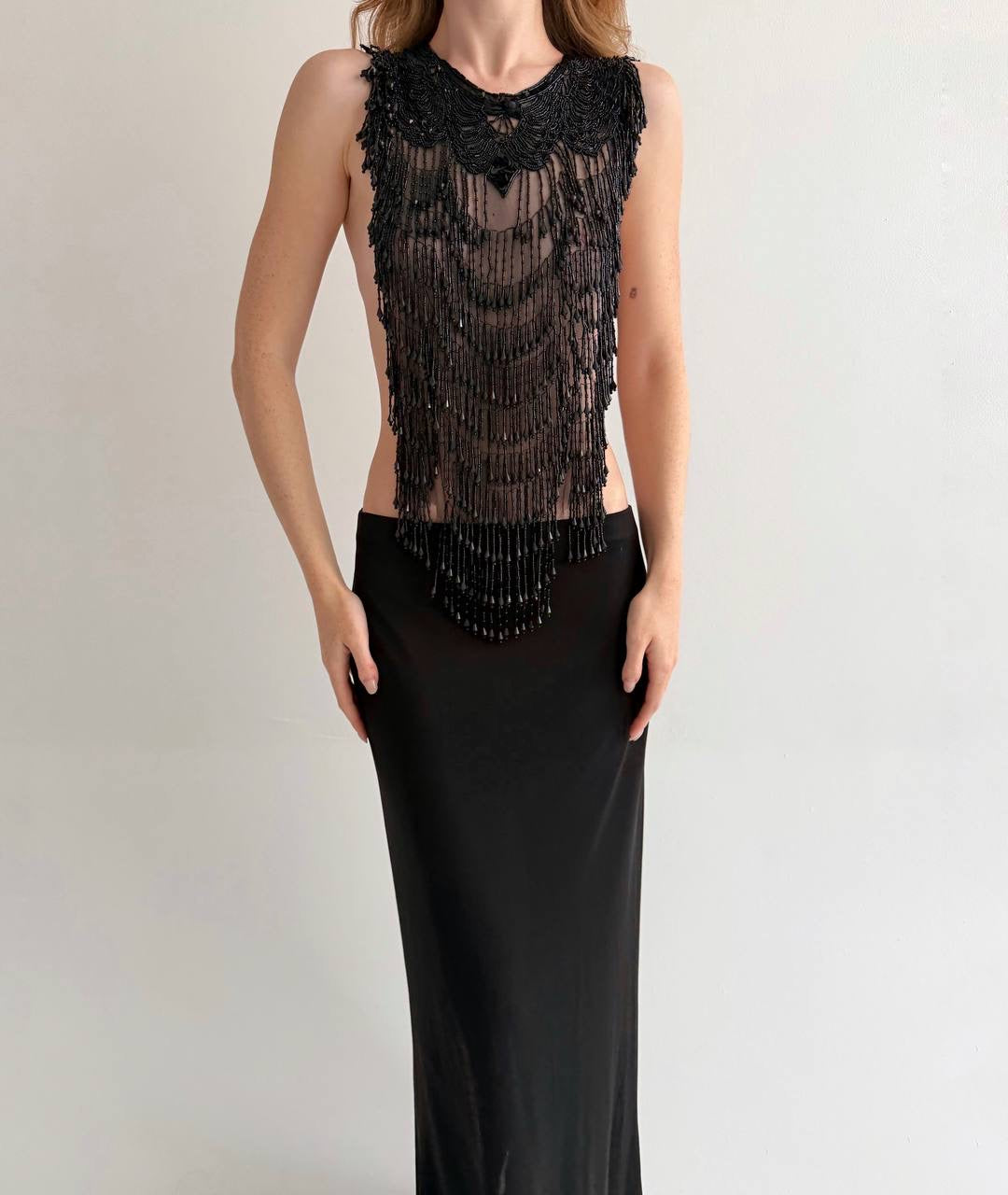 Vintage black beaded fringe mesh top accessory