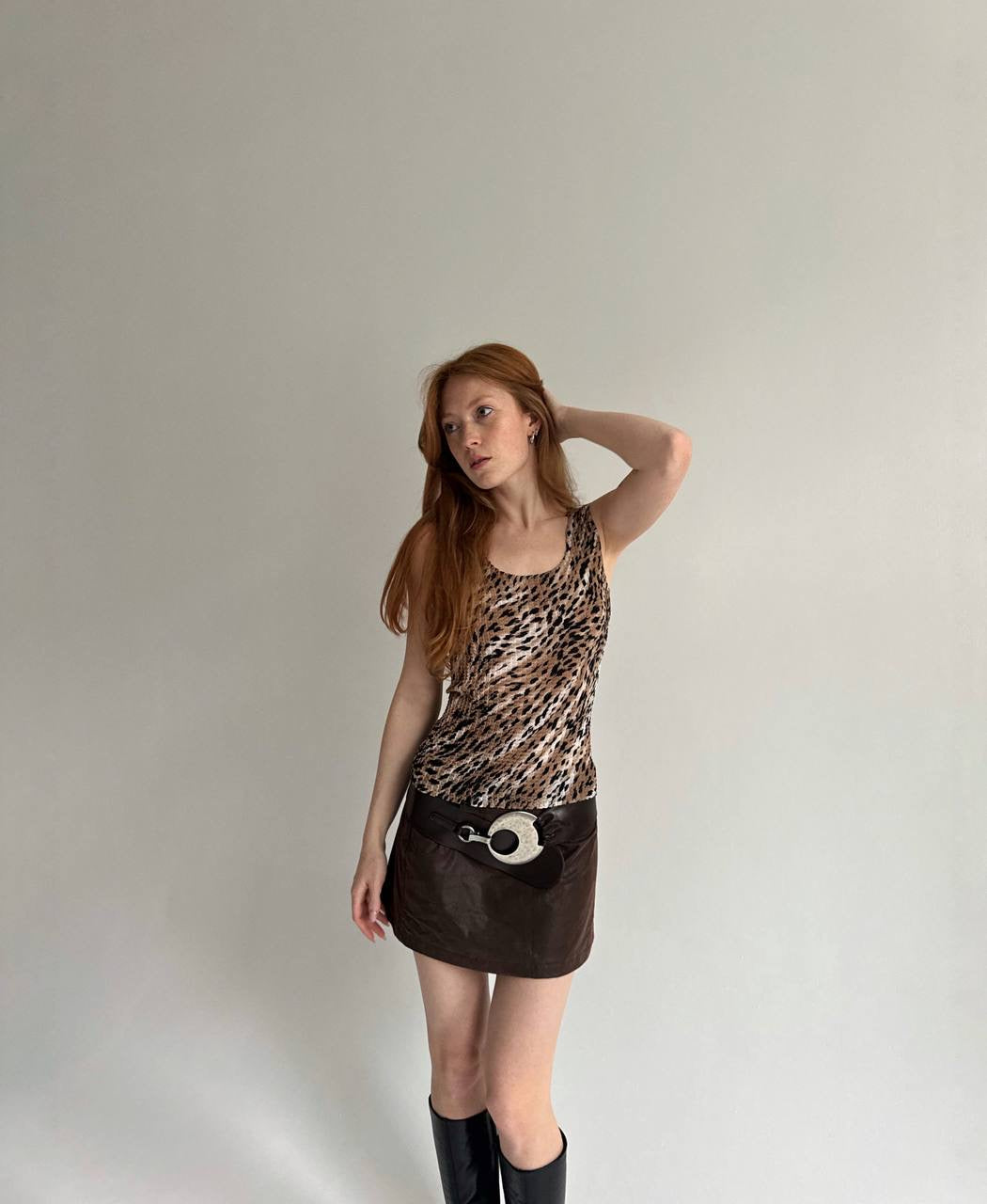 Vintage animal print pleated crinkle blouse