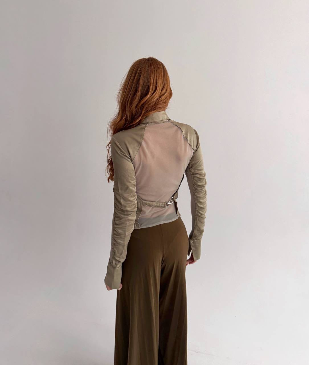 Vintage viscose olive green satin button-up blouse