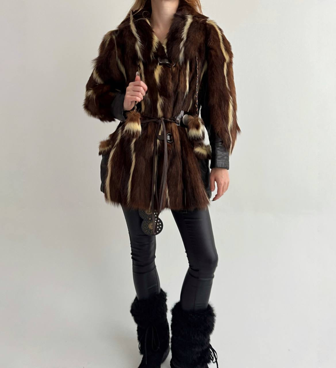 Vintage real fur coat with tortoise shell belt
