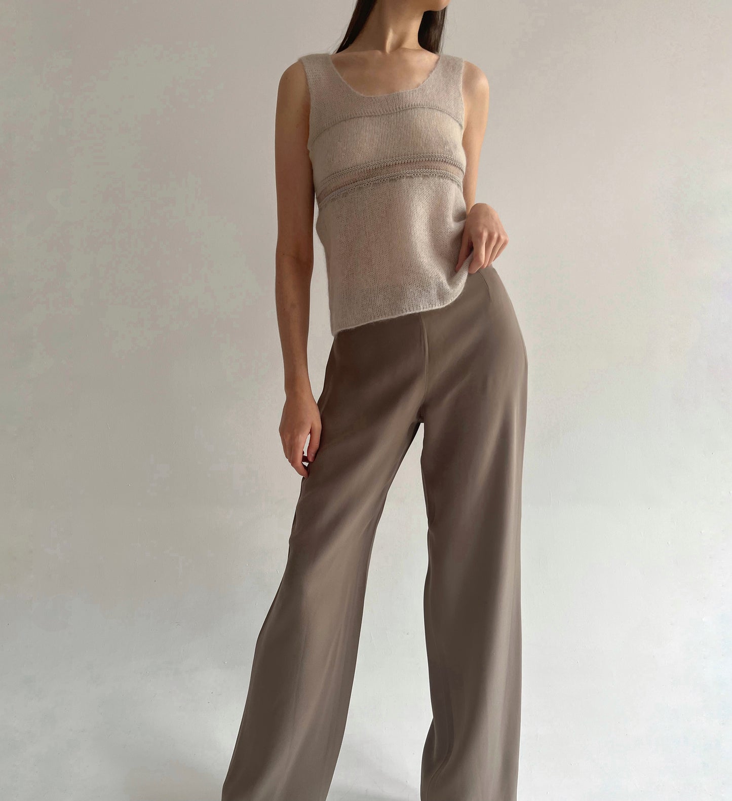 Armani Collezioni taupe silk and acetate long pants