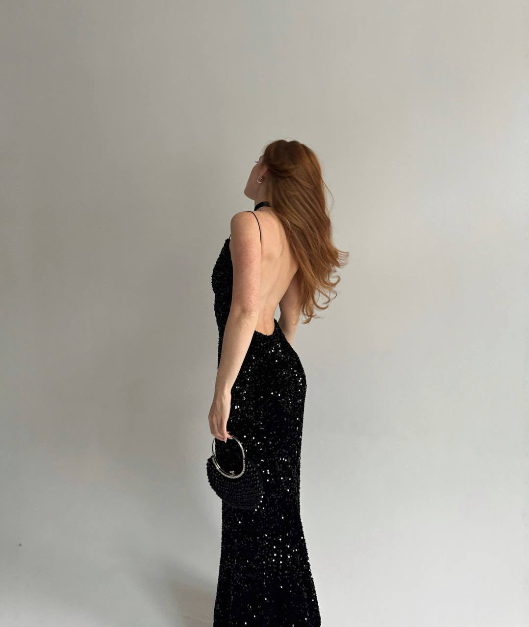 Vintage black long gown covered with sequins
