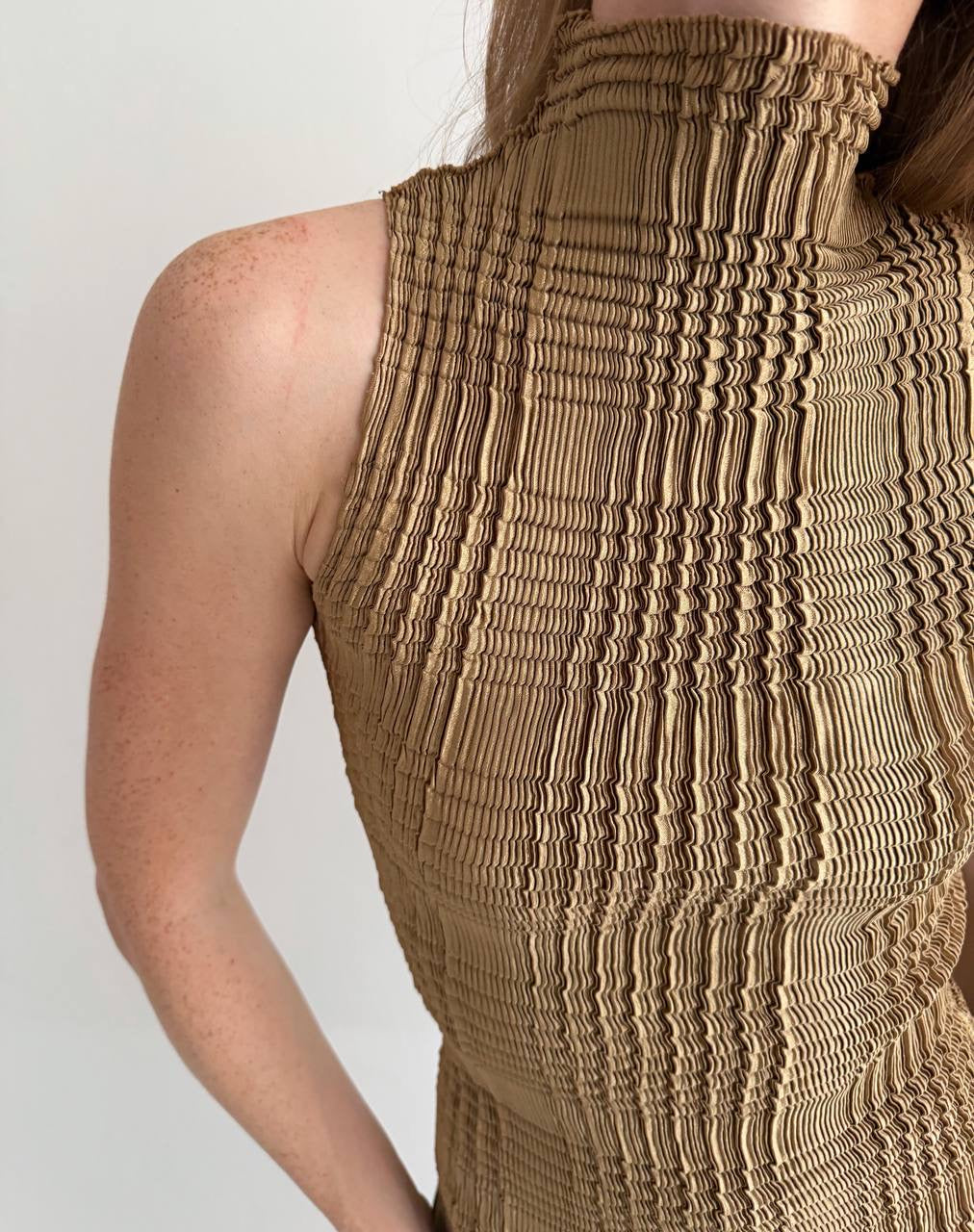 Vintage beige bronze pleated avant garde top