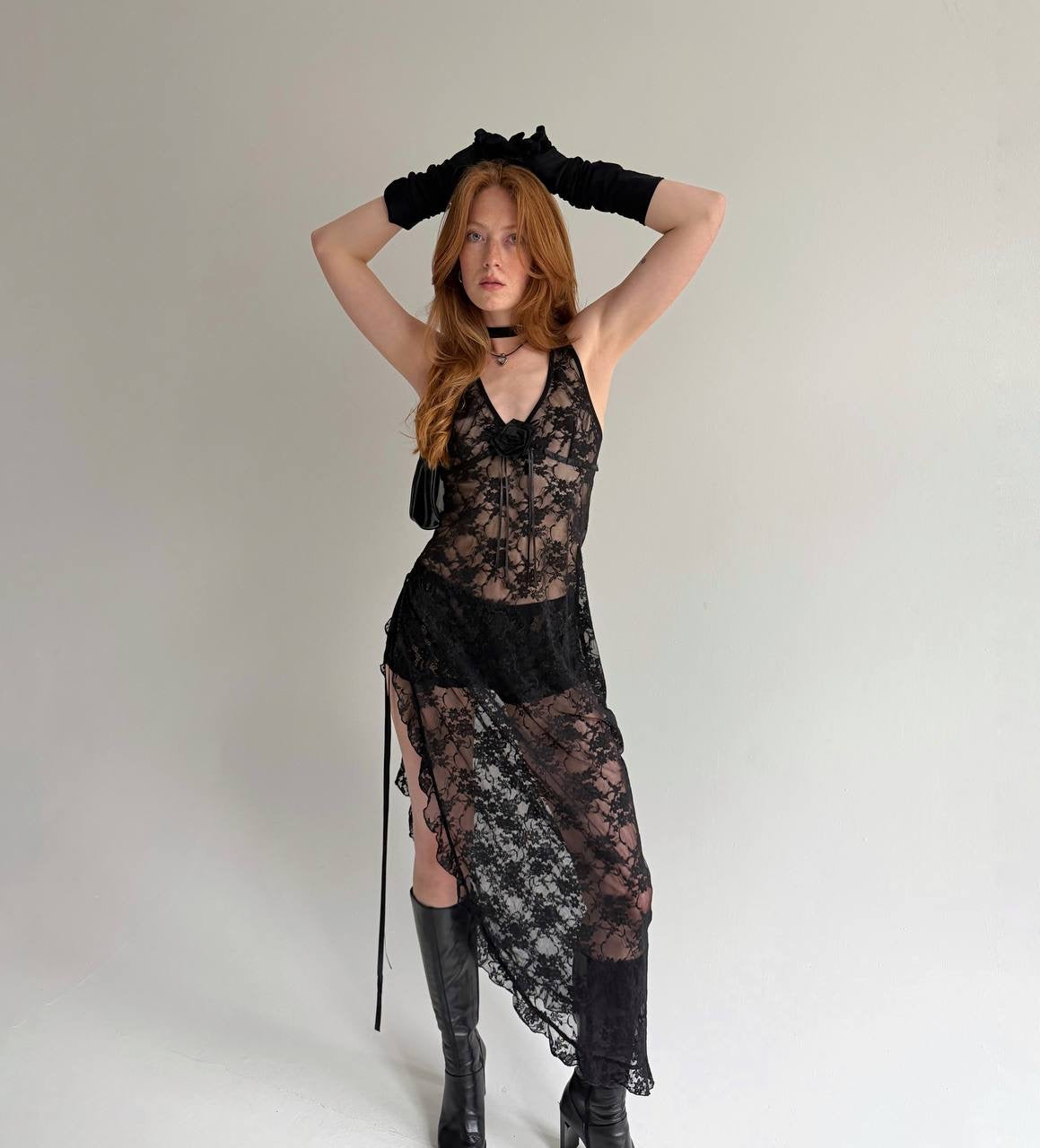 Vintage black lace asymmetrical long dress