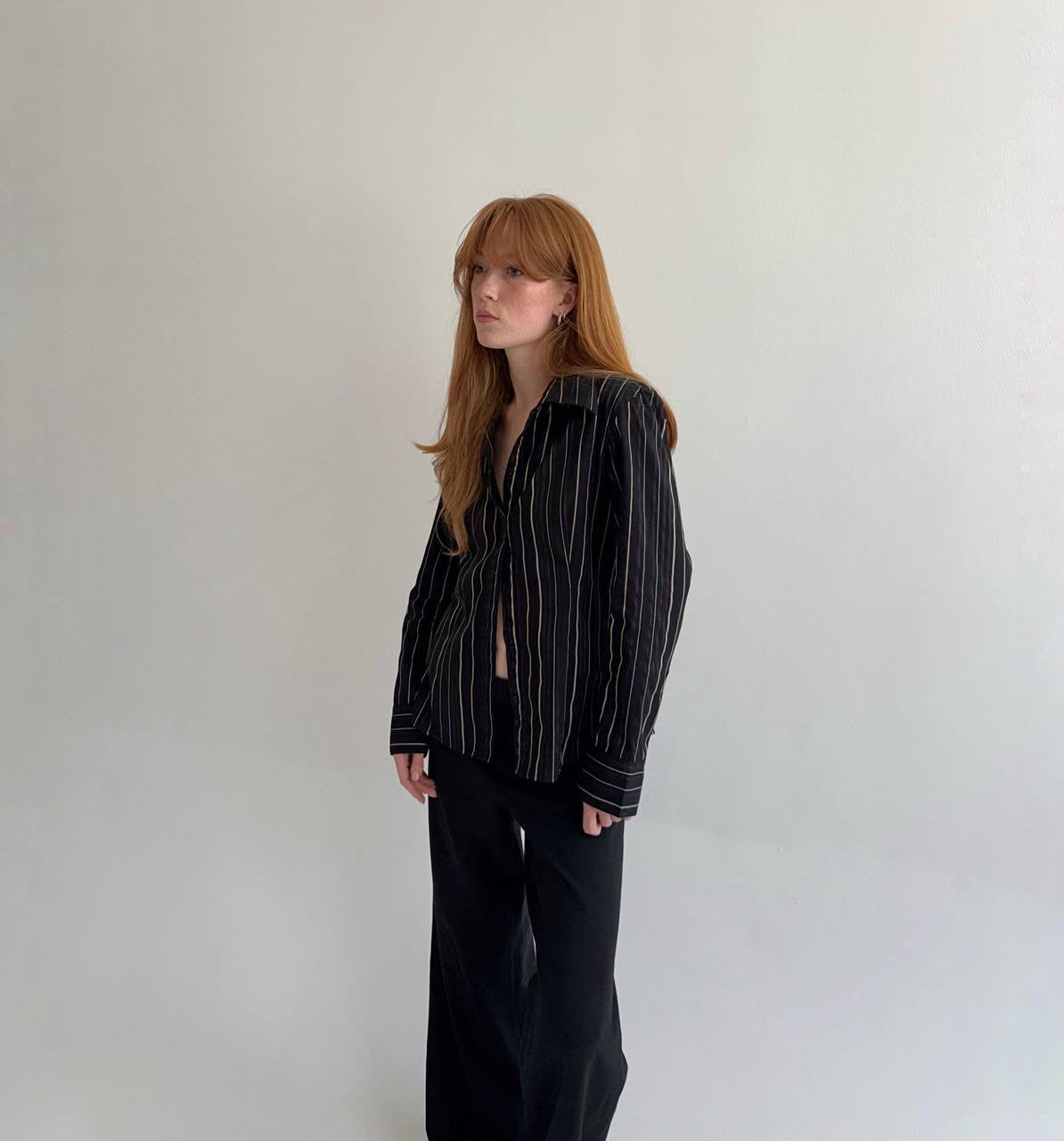 Vintage striped 55% cotton black shirt