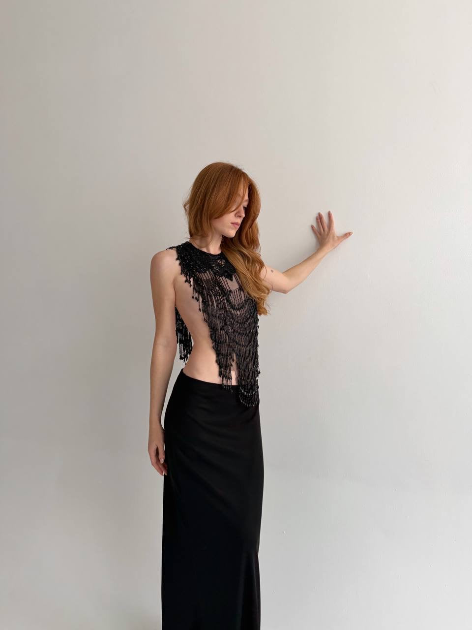 Vintage black beaded fringe mesh top accessory